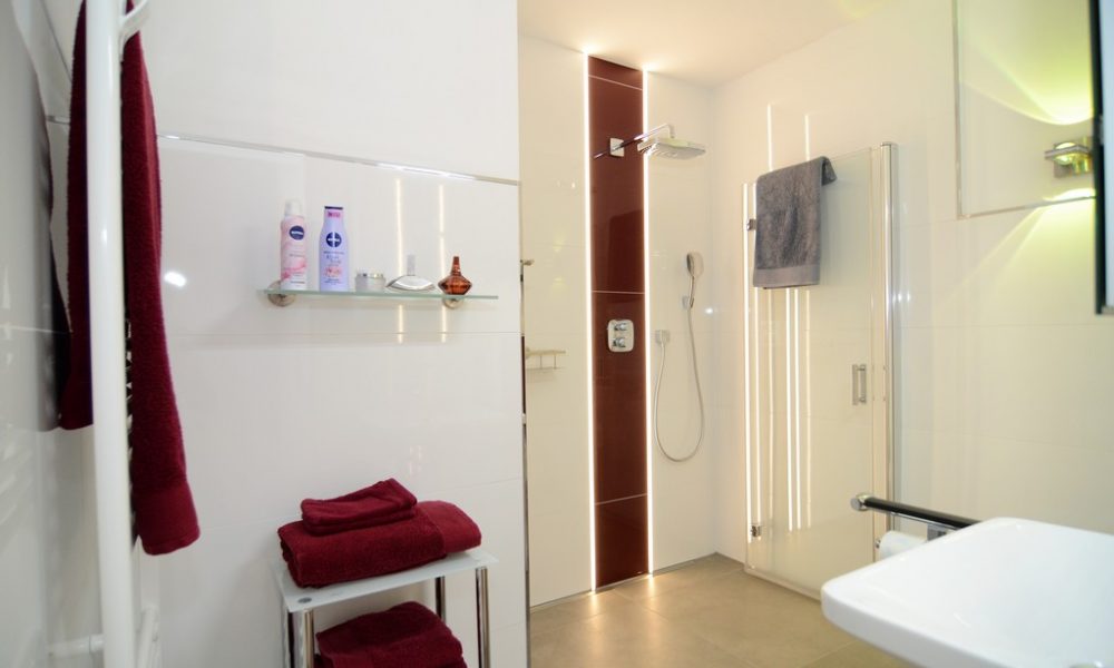 Bild zeigt die moderne Ferienwohnung Ehmann mit Duschsäule und verstellbarer Duschwand